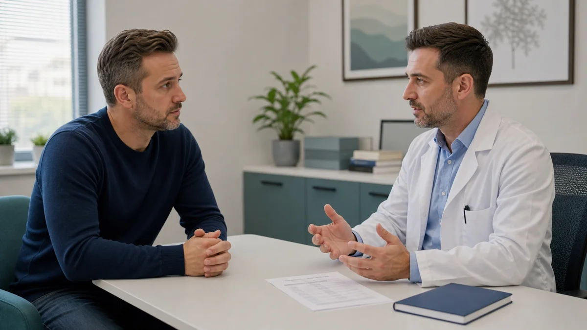 Homem adulto em consulta com médico especialista para avaliação hormonal e orientação personalizada